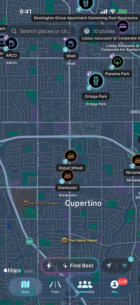 RestMap map showing restroom quality grades A through F near you